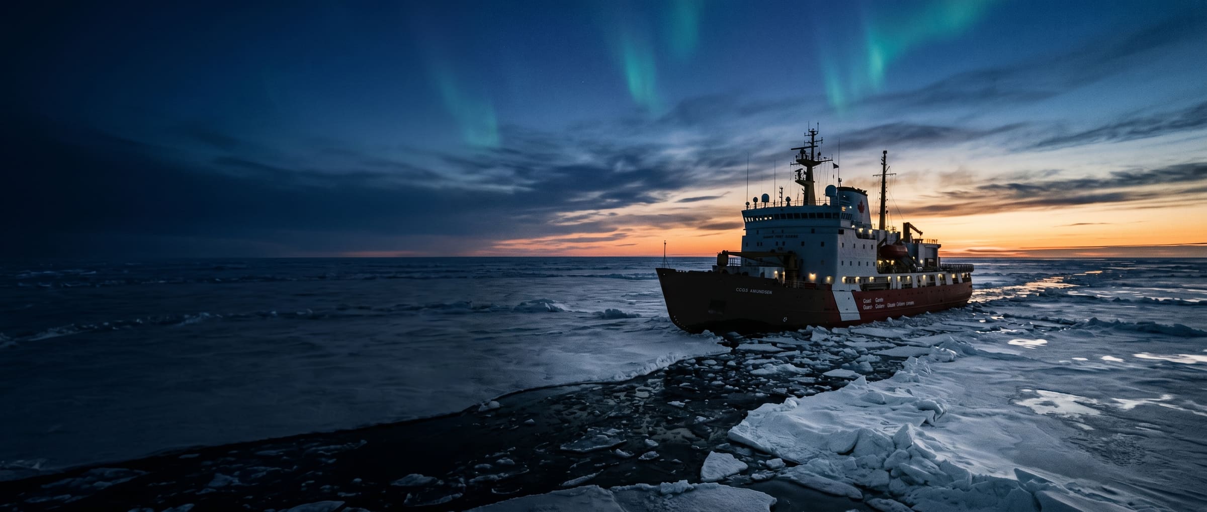 Coast-guard icebreaker amid Arctic sea ice under aurora and twilight sky