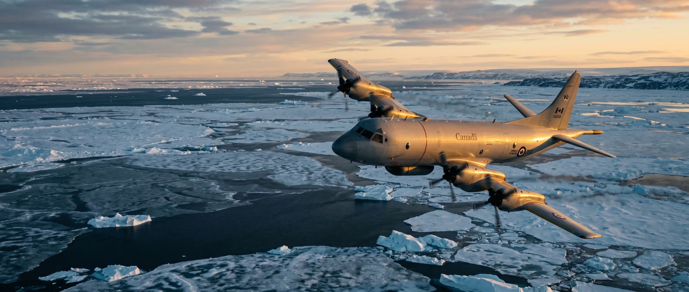 CP-140 Aurora over Arctic ice — patrol aircraft in low northern light
