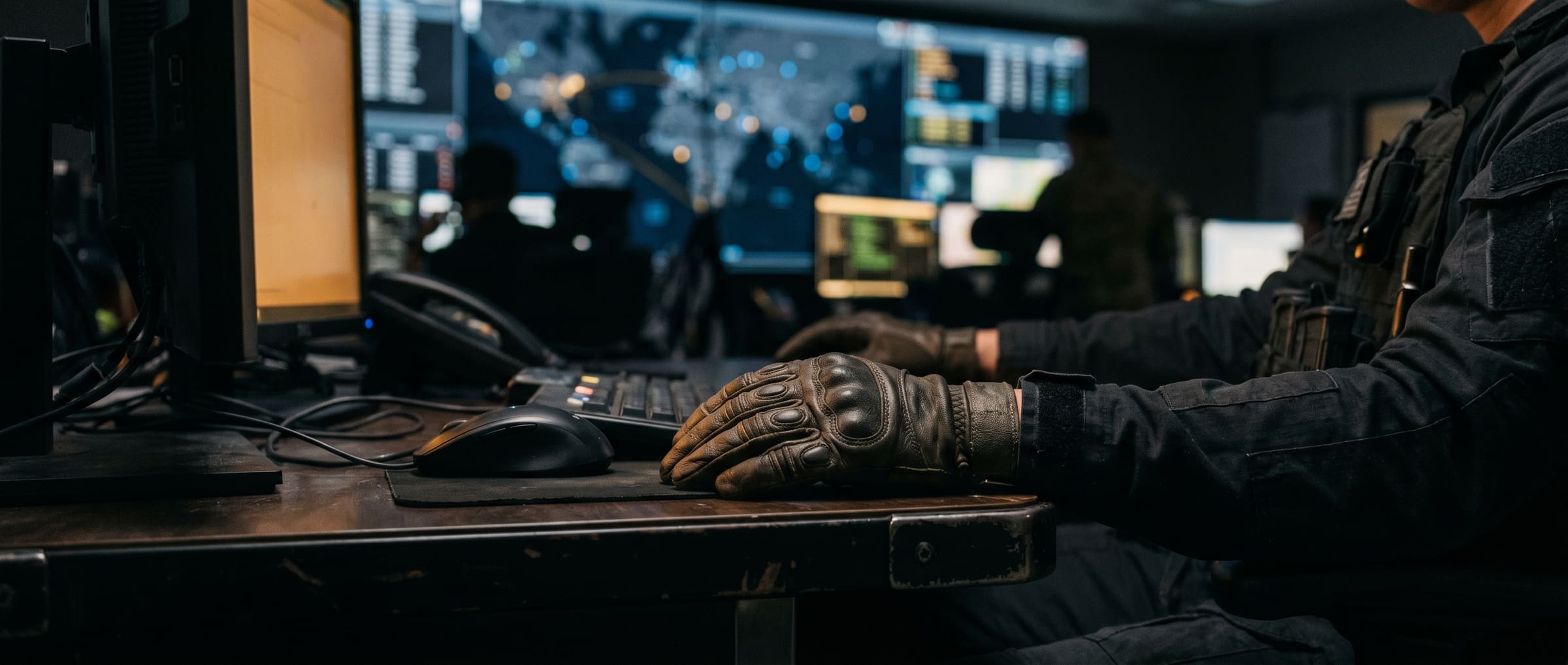 Gloved operator hand on a tactical workstation — watchfloor at low light