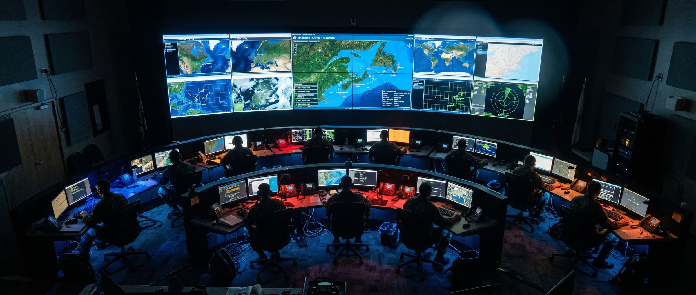 Watchfloor at low light — dark consoles, glowing displays, operators reading a maritime track